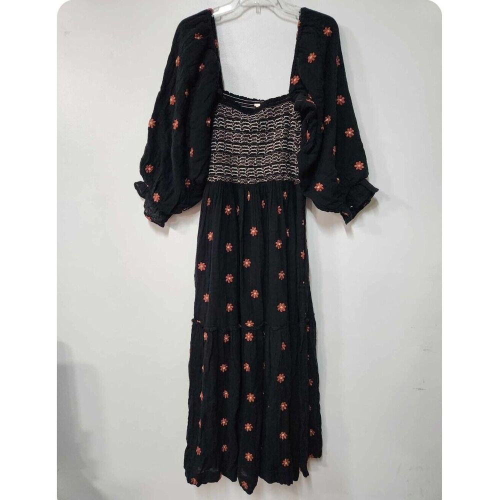 Free People Dahlia Embroidered Maxi Dress Black Combo Smocked Floral  B37 - Picture 8 of 9